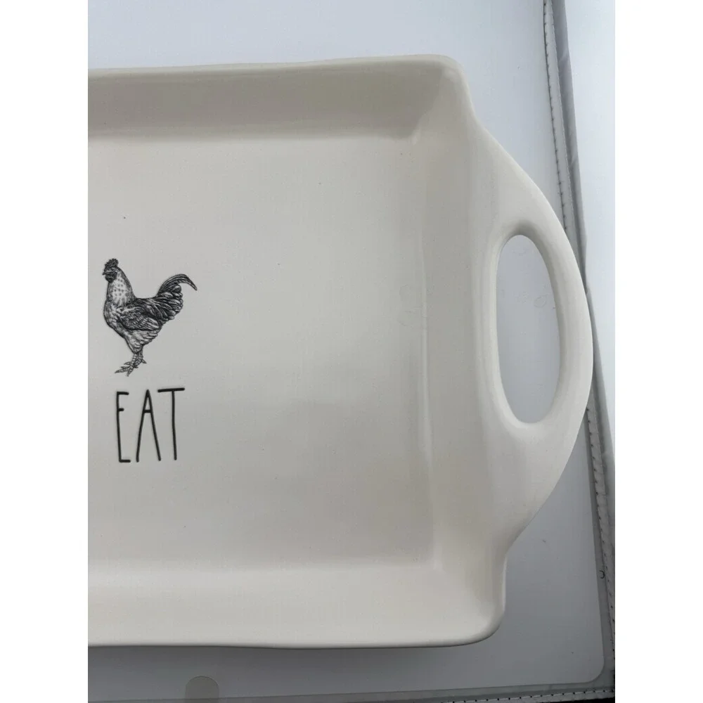 Rae Dunn Farm Rooster EAT Platter Tray with Handles Artisan Collection 12x9.5